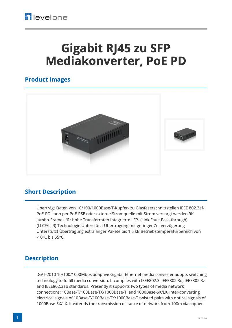 Page n°1 - Fiche technique LevelOne GVT-2010