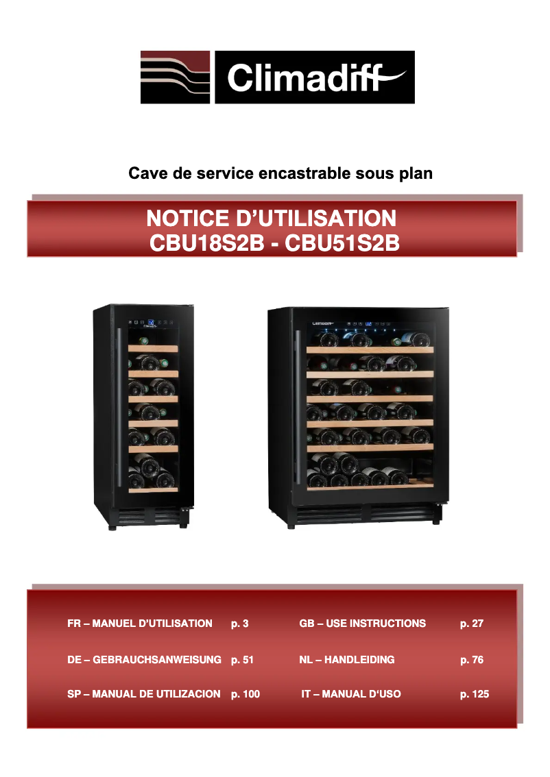 Page 1 de la notice Manuel utilisateur Climadiff CBU51S2B
