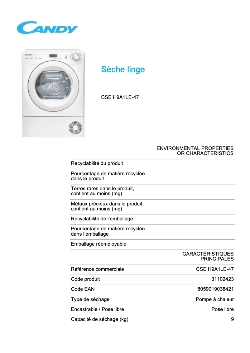 Page 1 de la notice Fiche technique Candy CSE H9A1LE-47