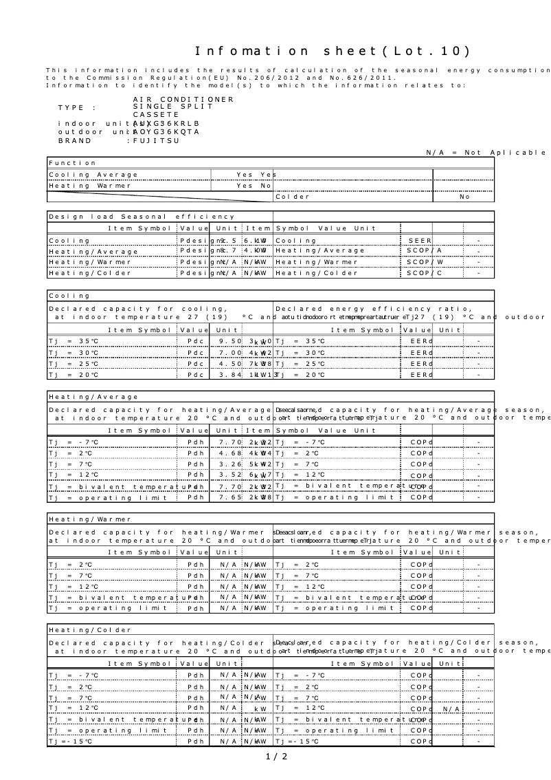 Page 1 de la notice Fiche technique Fujitsu AUXG36KRLB