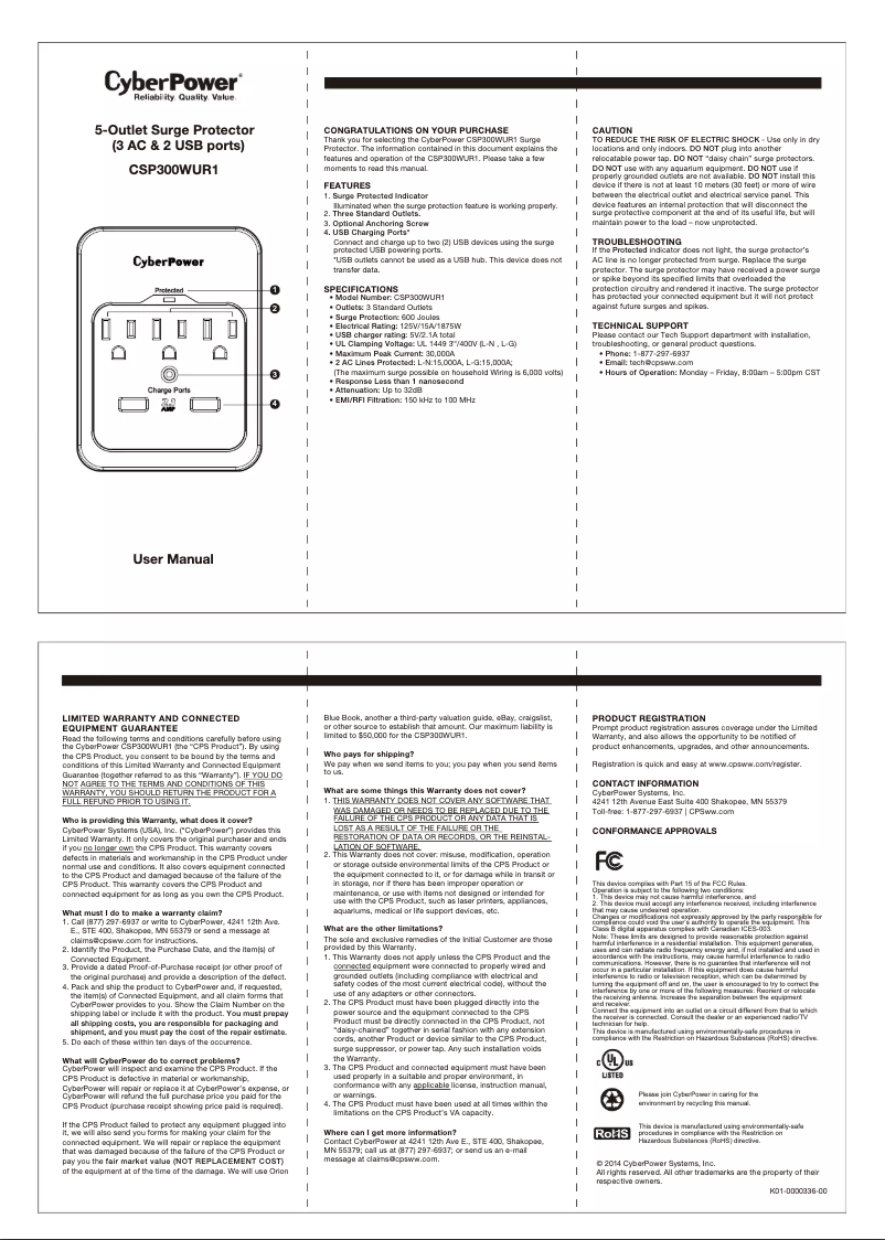 Page 1 de la notice Manuel utilisateur CyberPower Professional CSP300WUR1