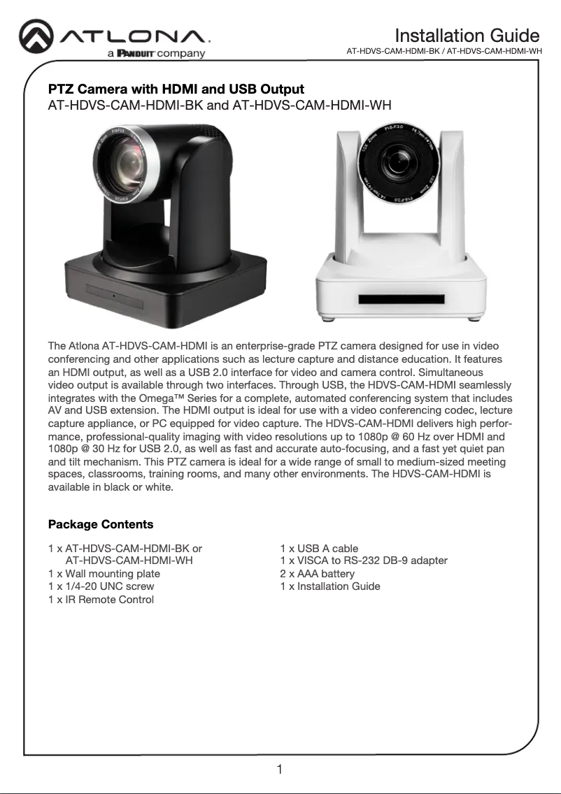 Page 1 de la notice Guide d'installation Atlona AT-HDVS-CAM-HDMI