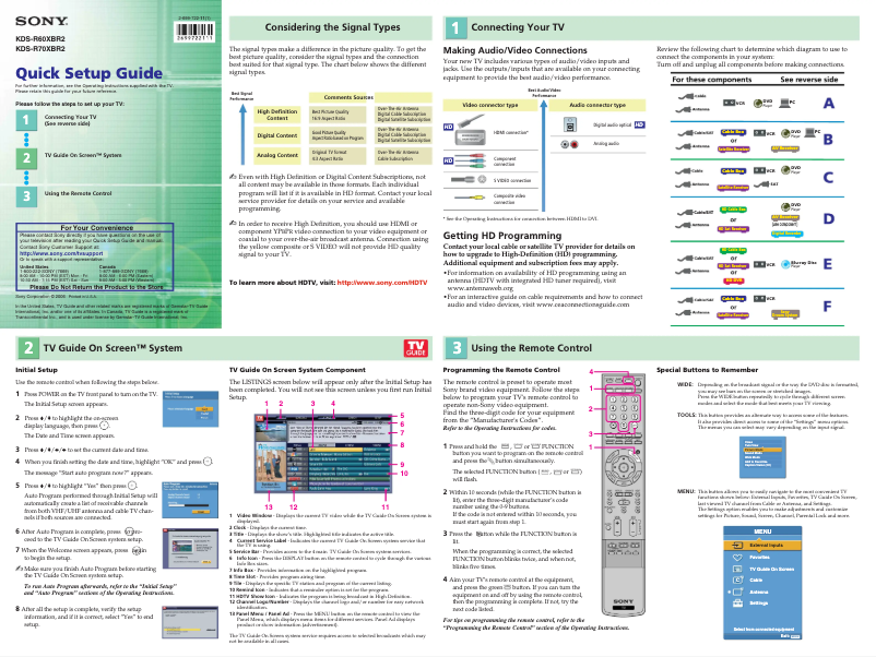 Page 1 de la notice Guide d'installation Sony KDS-R70XBR2