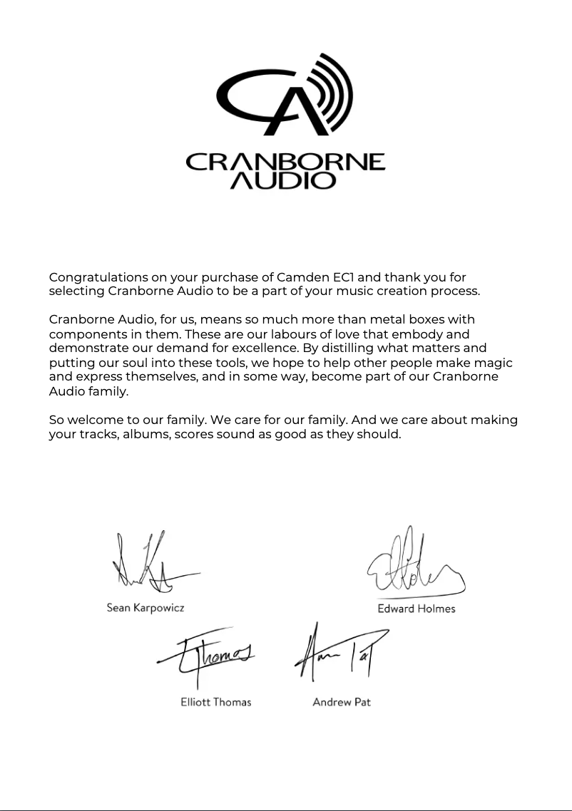 Page 1 de la notice Manuel utilisateur Cranborne Audio Camden EC1