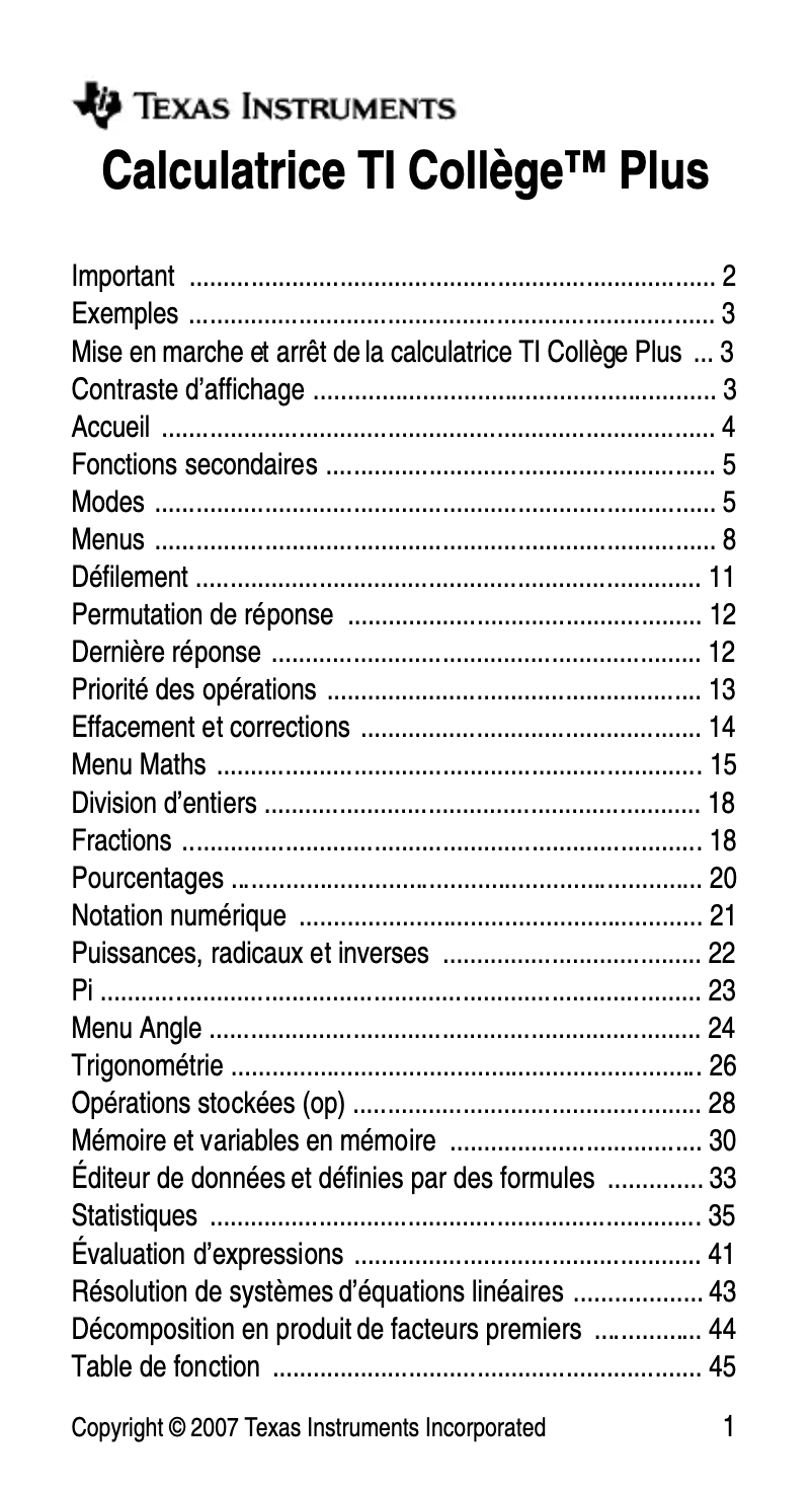 Page n°1 - Manuel utilisateur Texas Instruments TI Collège Plus
