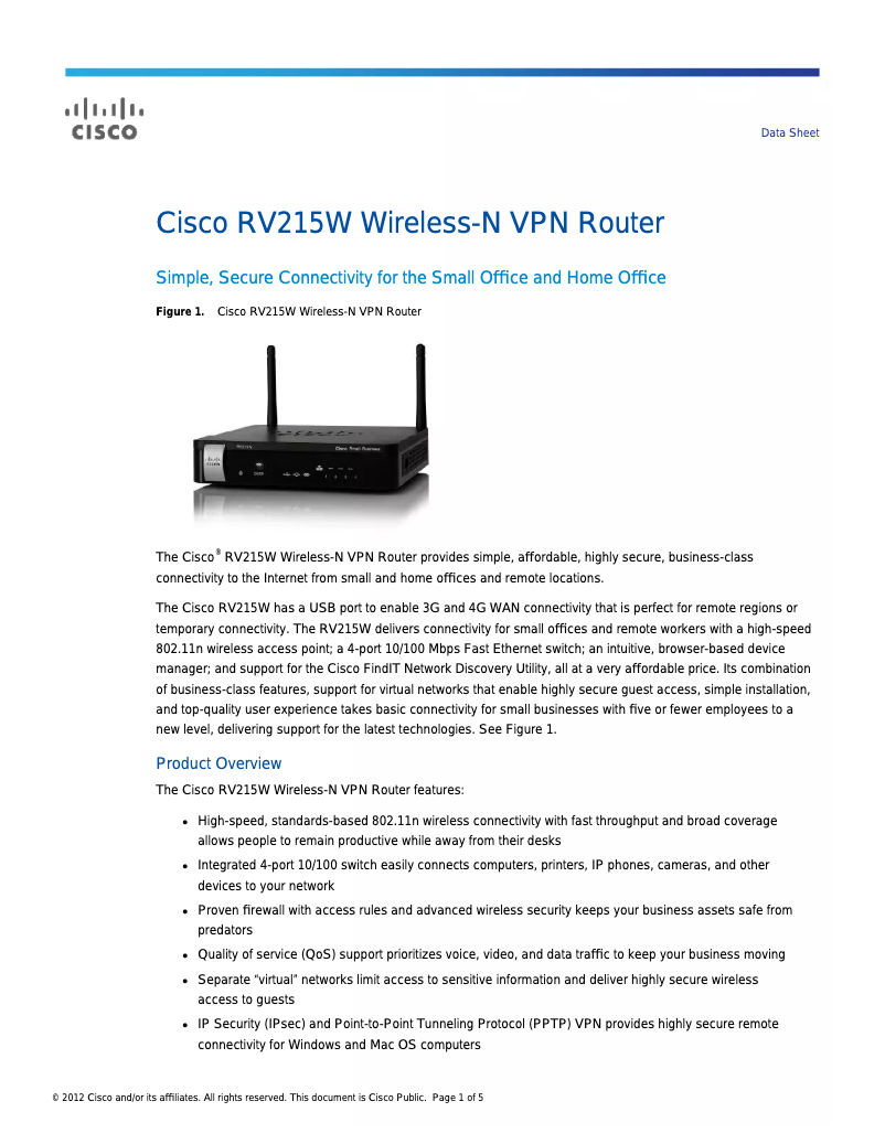 Page 1 de la notice Fiche technique Cisco RV215W