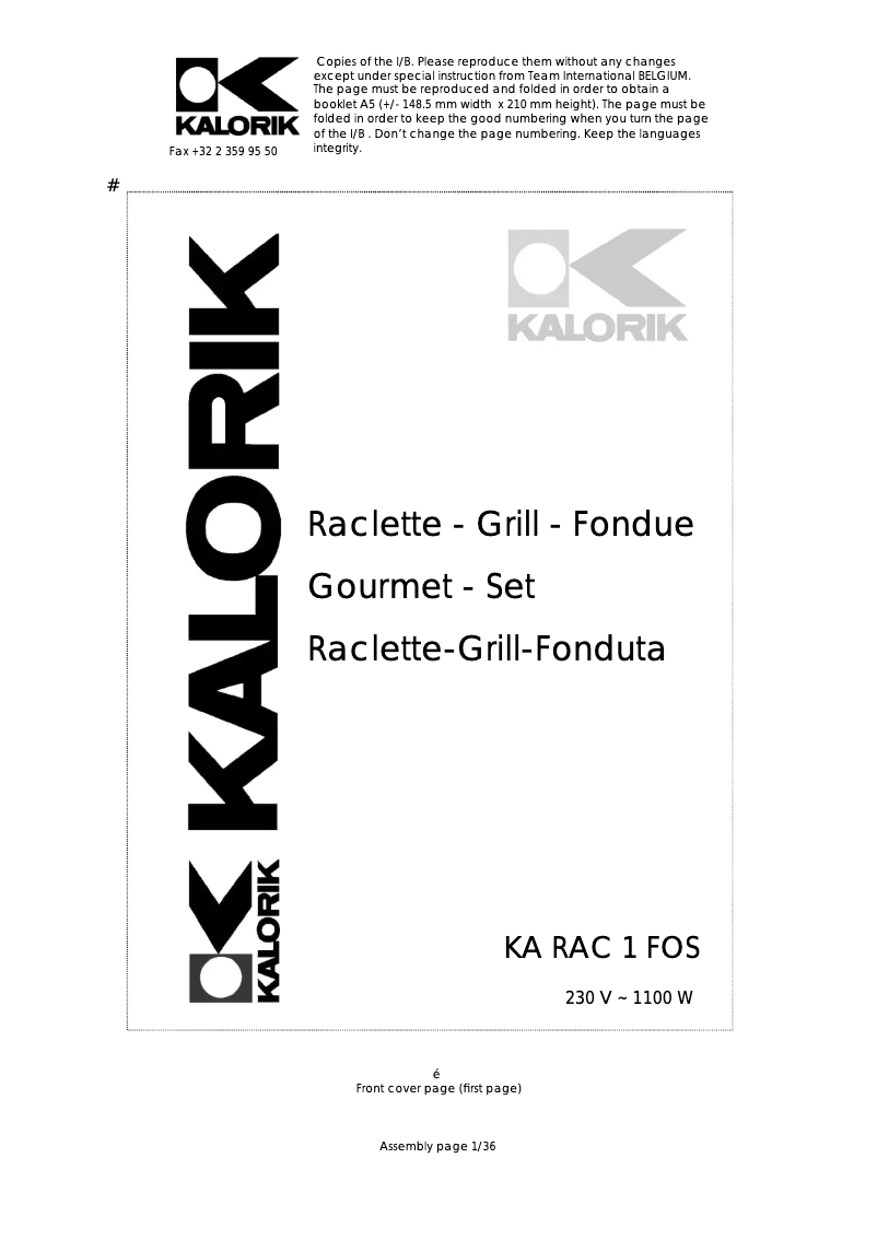 Page 1 de la notice Manuel utilisateur Kalorik KA RAC 1 FOS