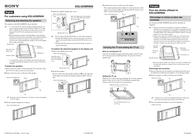 Page 1 de la notice Guide d'installation Sony Bravia KDL-42XBR950