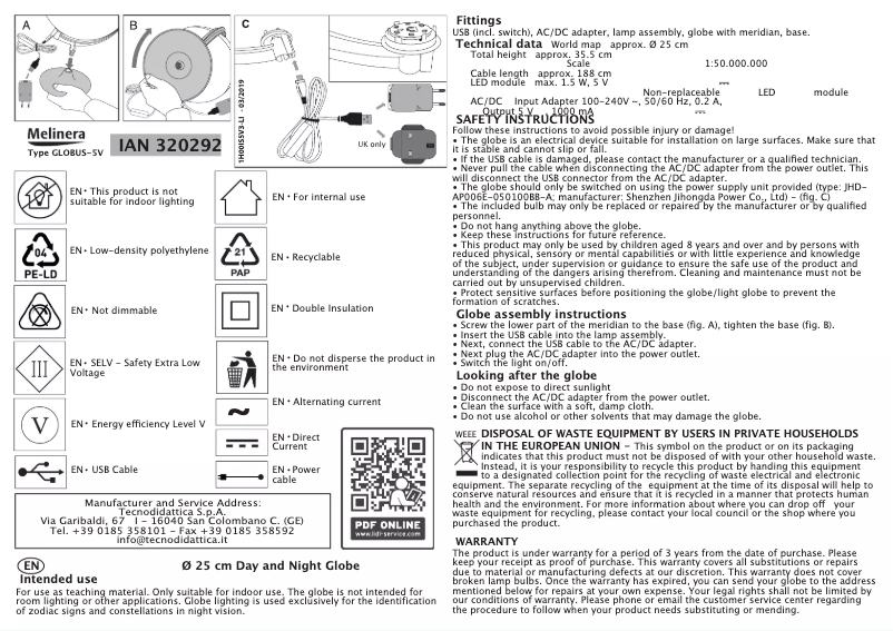 Page 1 de la notice Manuel utilisateur Melinera IAN 320292