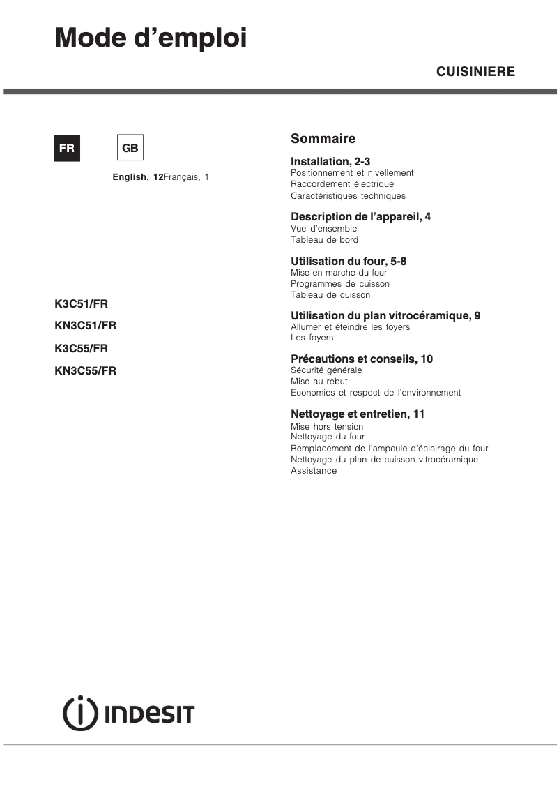 Page 1 de la notice Manuel utilisateur Indesit KN3C51(W)/FR