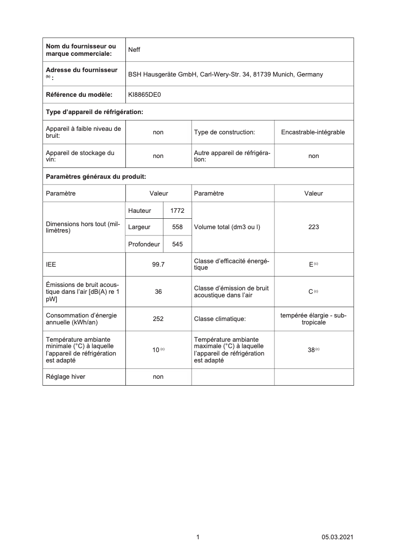 Page n°1 - Label énergétique Neff KI8865DE0