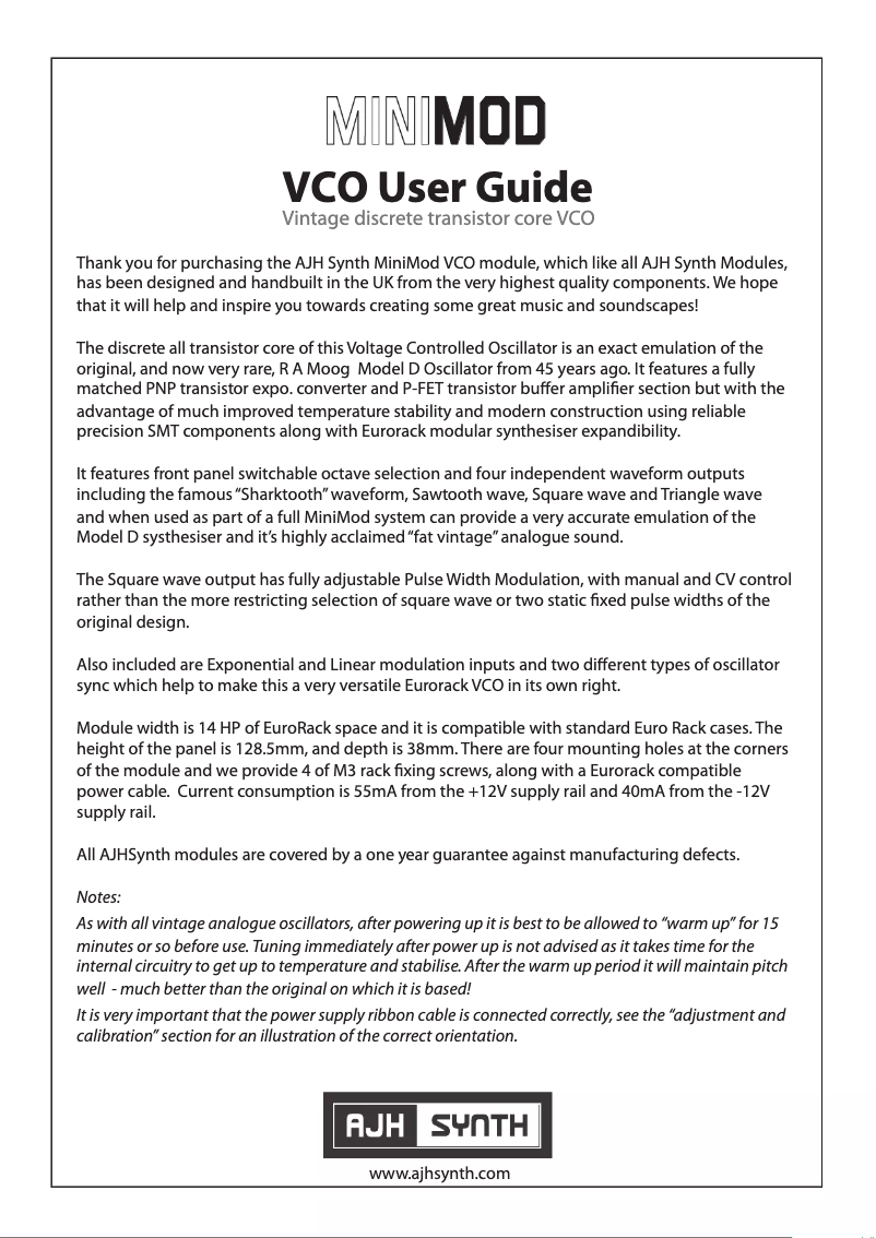 Page 1 de la notice Manuel utilisateur AJH Synth MiniMod VCO