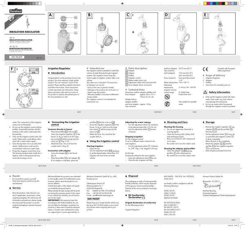 Page n°1 - Manuel utilisateur Florabest IAN 94459