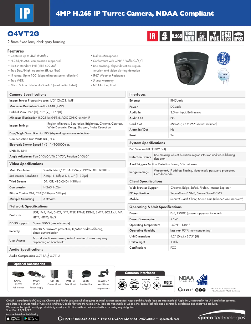 Página 1 del manual Ficha técnica Speco Technologies O4VT2G