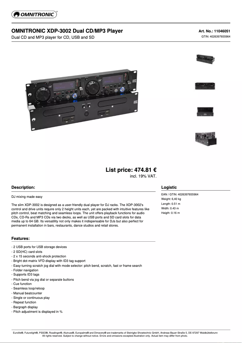 Page n°1 - Fiche technique Omnitronic XDP-3002