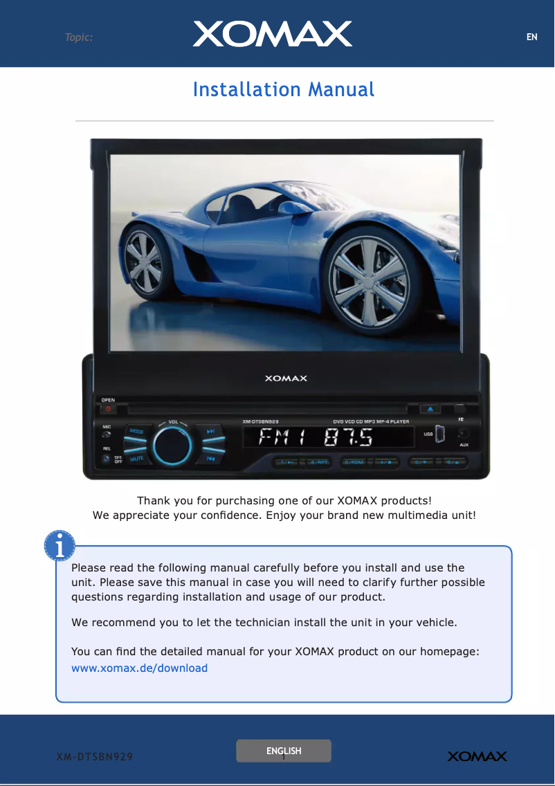 Page n°1 - Manuel utilisateur Xomax XM-DTSBN929