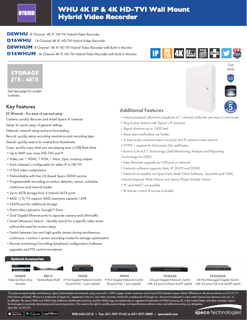 Page 1 de la notice Fiche technique Speco Technologies D16WHUM