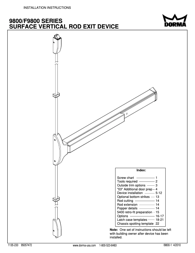 Page 1 de la notice Manuel utilisateur Dormakaba 9800