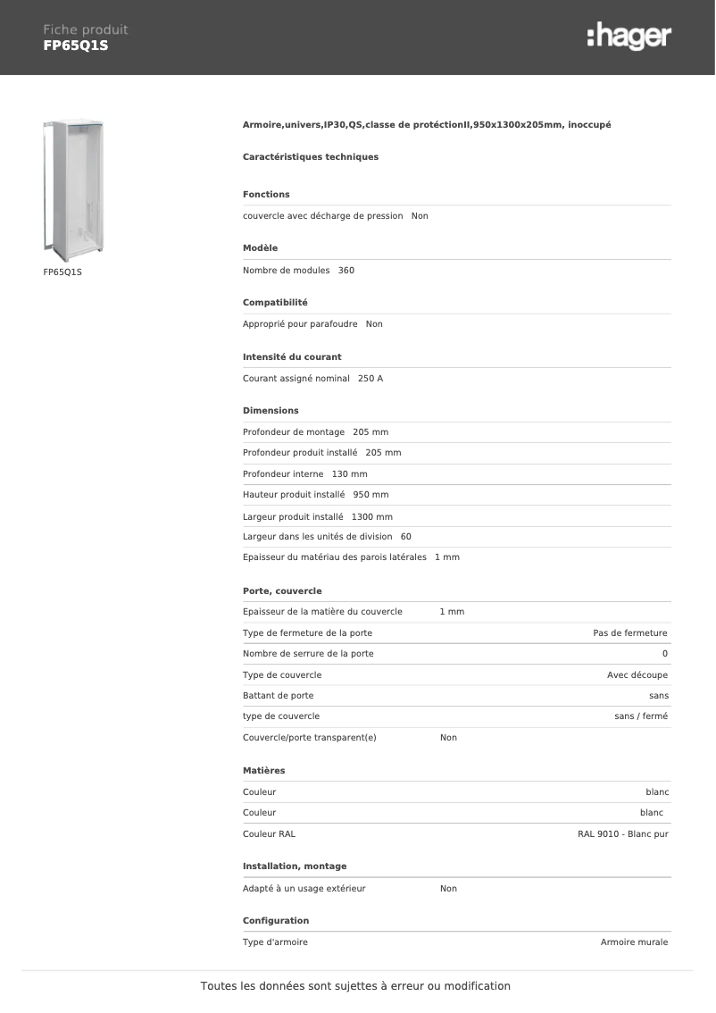 Page n°1 - Manuel utilisateur Hager FP65Q1S