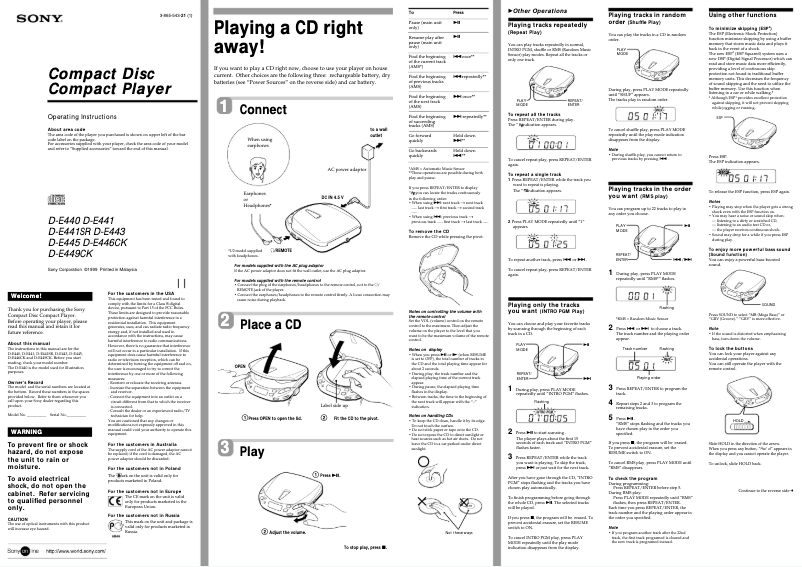 Page 1 de la notice Manuel utilisateur Sony D-E445
