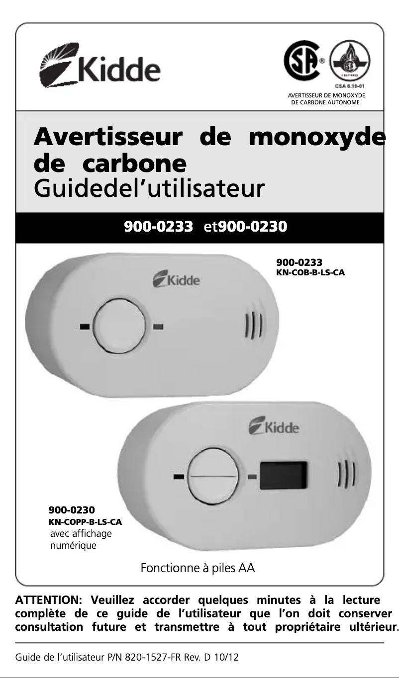 Page n°1 - Manuel utilisateur Kidde 900-0230