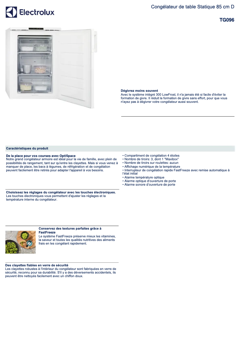 Page 1 de la notice Fiche technique Electrolux TG096