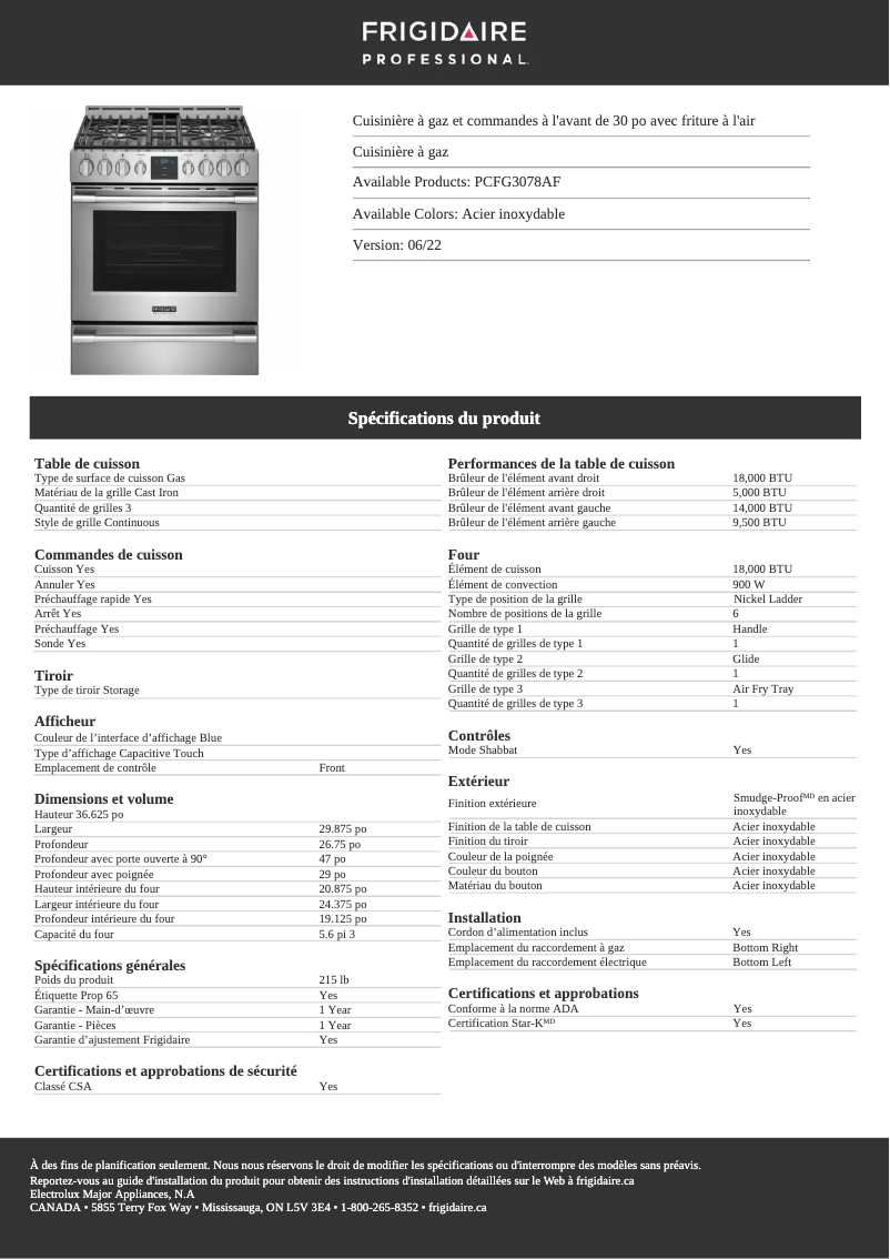 Page n°1 - Fiche technique Frigidaire PCFG3078AF