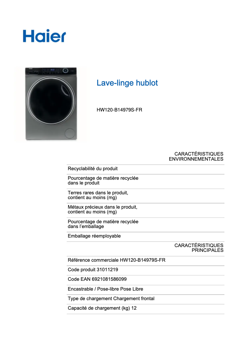 Page 1 de la notice Label énergétique Haier HW120-B14979S