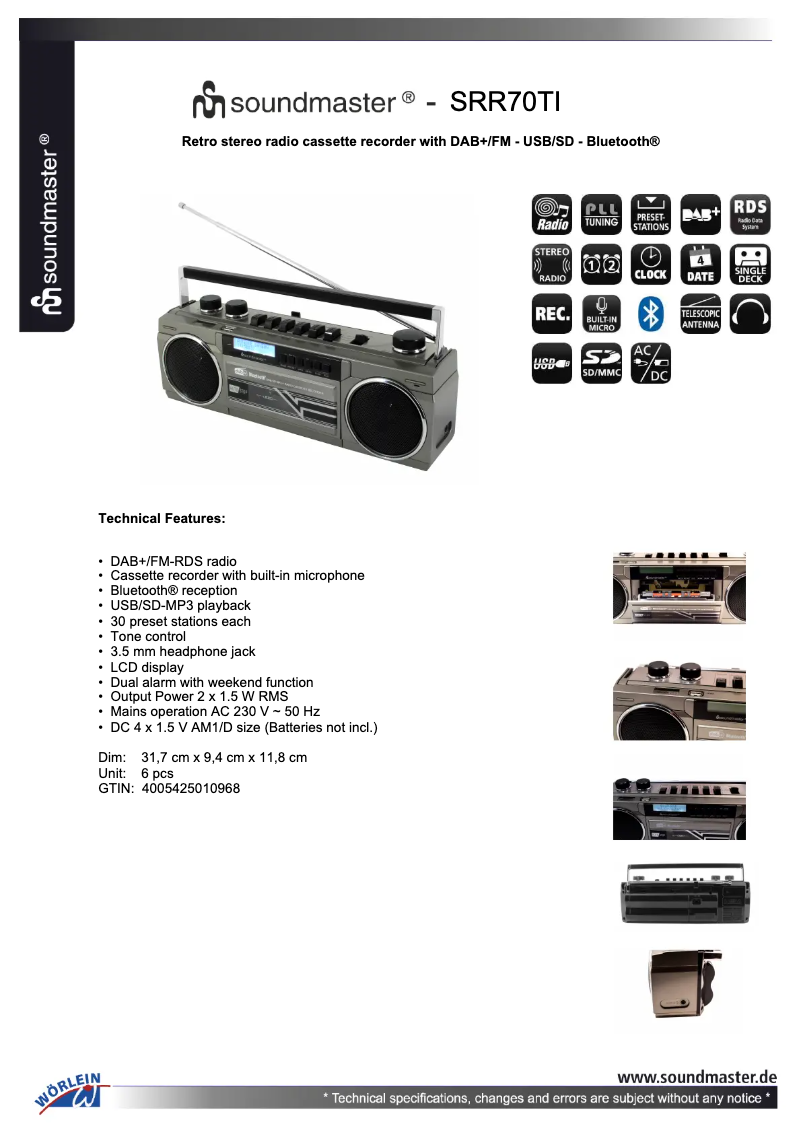Page 1 de la notice Fiche technique Soundmaster SRR70
