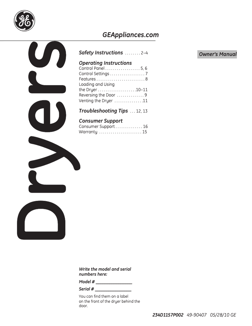 Page n°1 - Manuel d'utilisation et d'entretien GE GTDX400EDWS