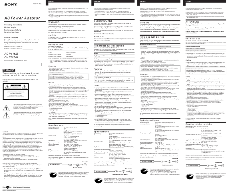 Page 1 de la notice Manuel utilisateur Sony AC-V625