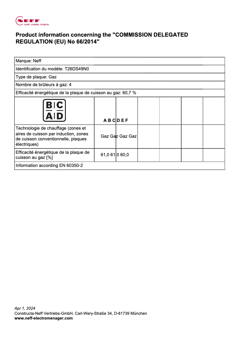 Página 1 del manual Etiqueta energética Neff T26DS49N0