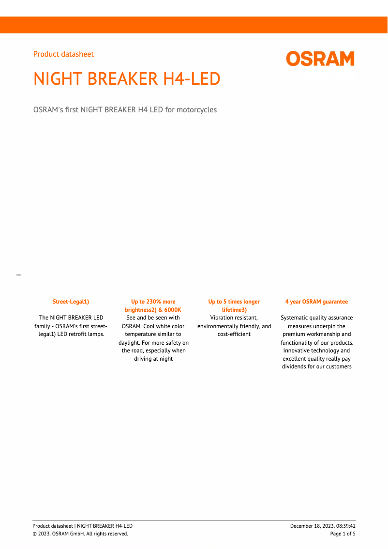 Page n°1 - Fiche technique Osram NIGHT BREAKER H4-LED