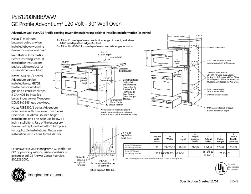 Page 1 de la notice Fiche technique GE PSB1200NWW