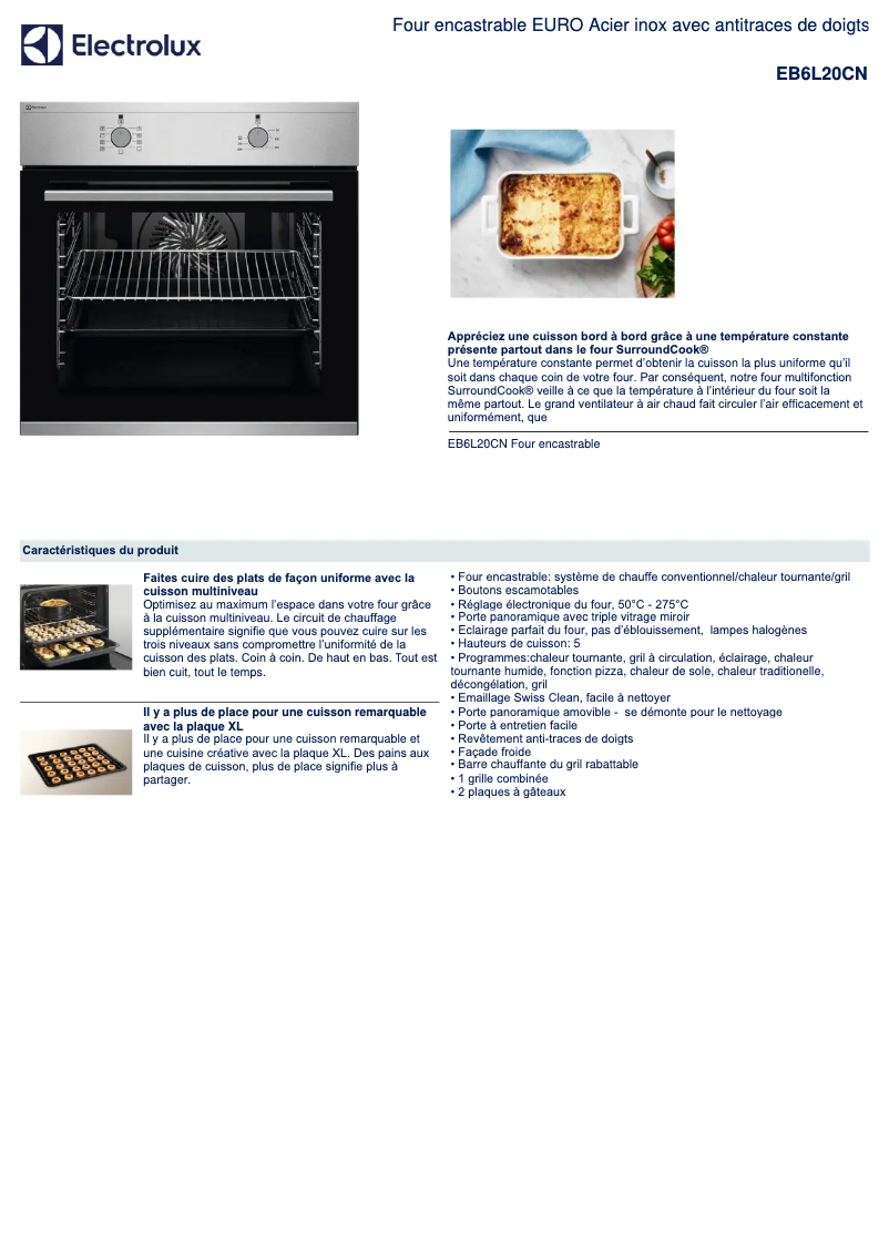 Page 1 de la notice Fiche technique Electrolux EB6L20CN