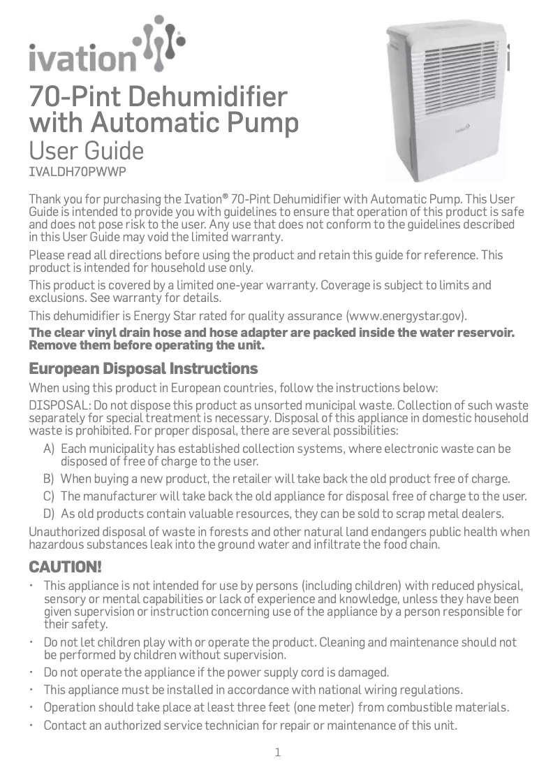 Page n°1 - Manuel utilisateur Ivation IVALDH70PWWP