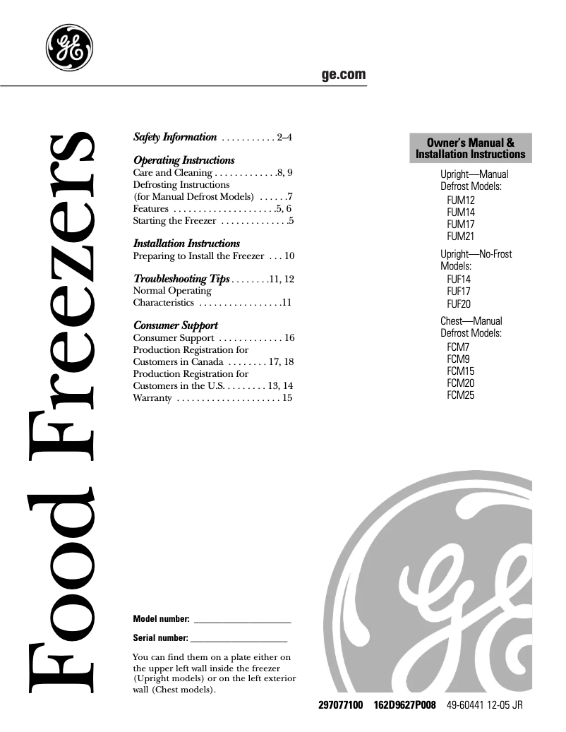 Page n°1 - Manuel d'utilisation et d'entretien GE FUF17DPRWH