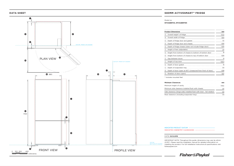 Page 1 de la notice Fiche technique Fisher & Paykel RF442BRPW8