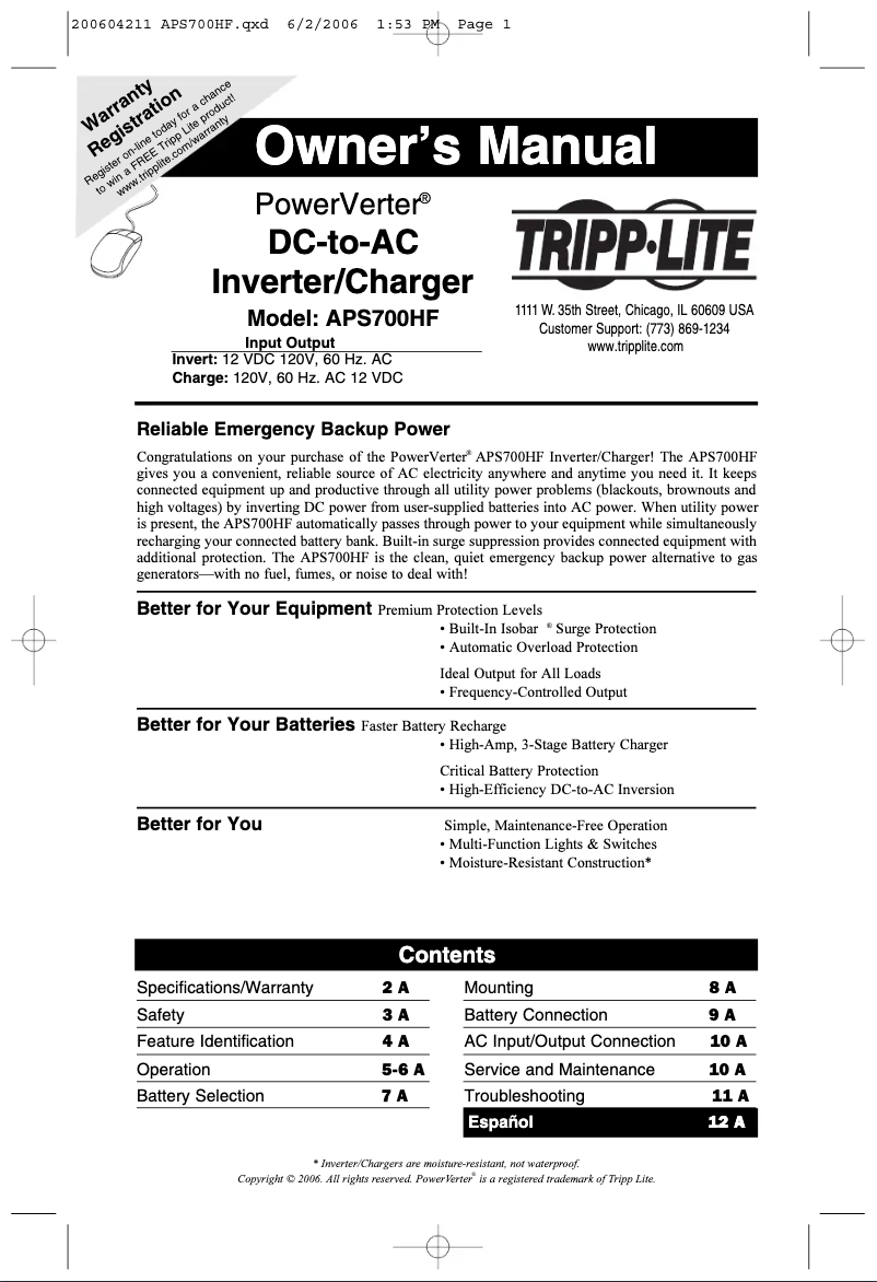 Page 1 de la notice Manuel utilisateur Tripp Lite APS700HF