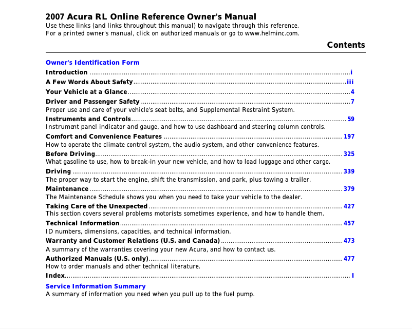 Page 1 de la notice Manuel utilisateur Acura RL (2007)
