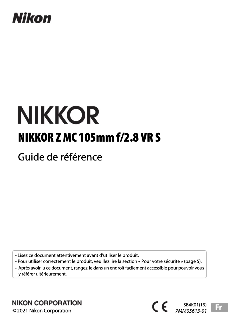 Page 1 de la notice Manuel utilisateur Nikon NIKKOR Z MC 105mm f/2.8 VR S