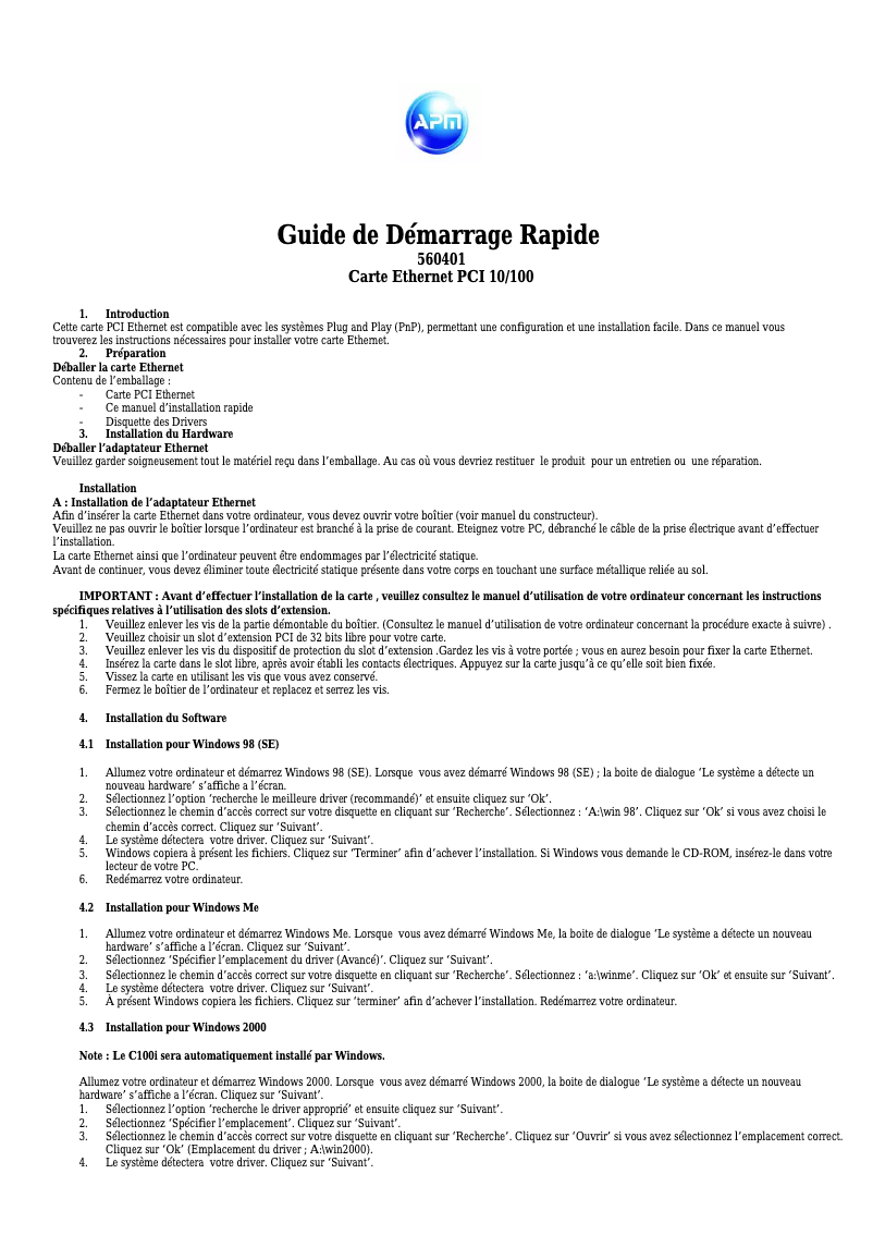Page n°1 - Manuel utilisateur APM 560401