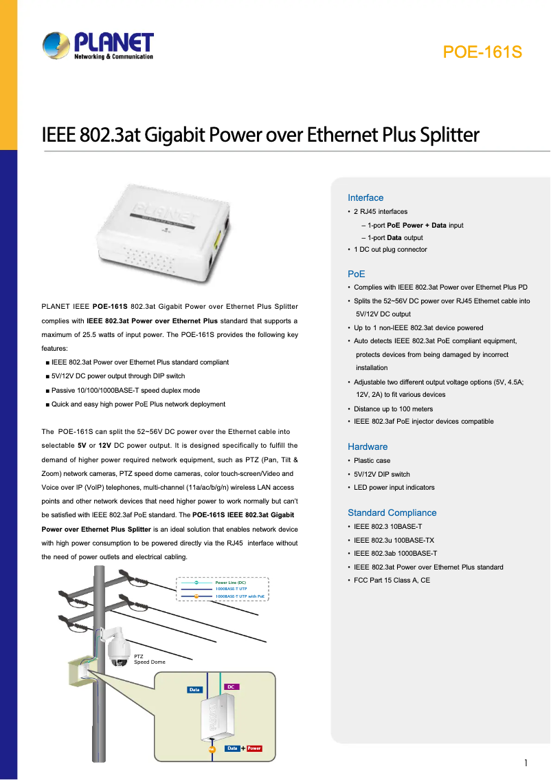 Page 1 of the manual Technical Sheet Planet POE-161S