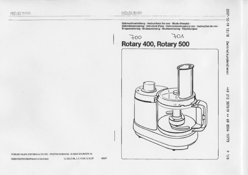 Page 1 de la notice Manuel utilisateur Krups Rotary 400