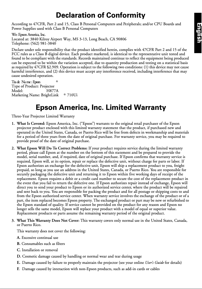 Page 1 de la notice Informations de garantie Epson BrightLink 710Ui