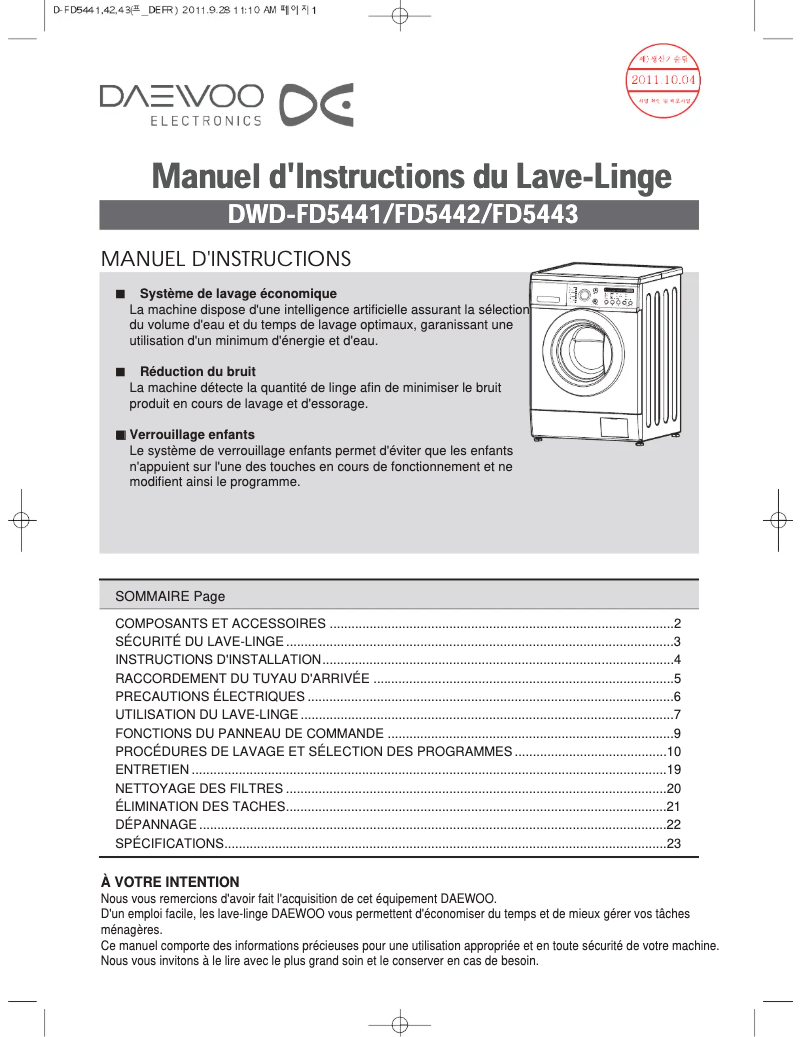 Page 1 de la notice Manuel utilisateur Daewoo DWD-FD5443