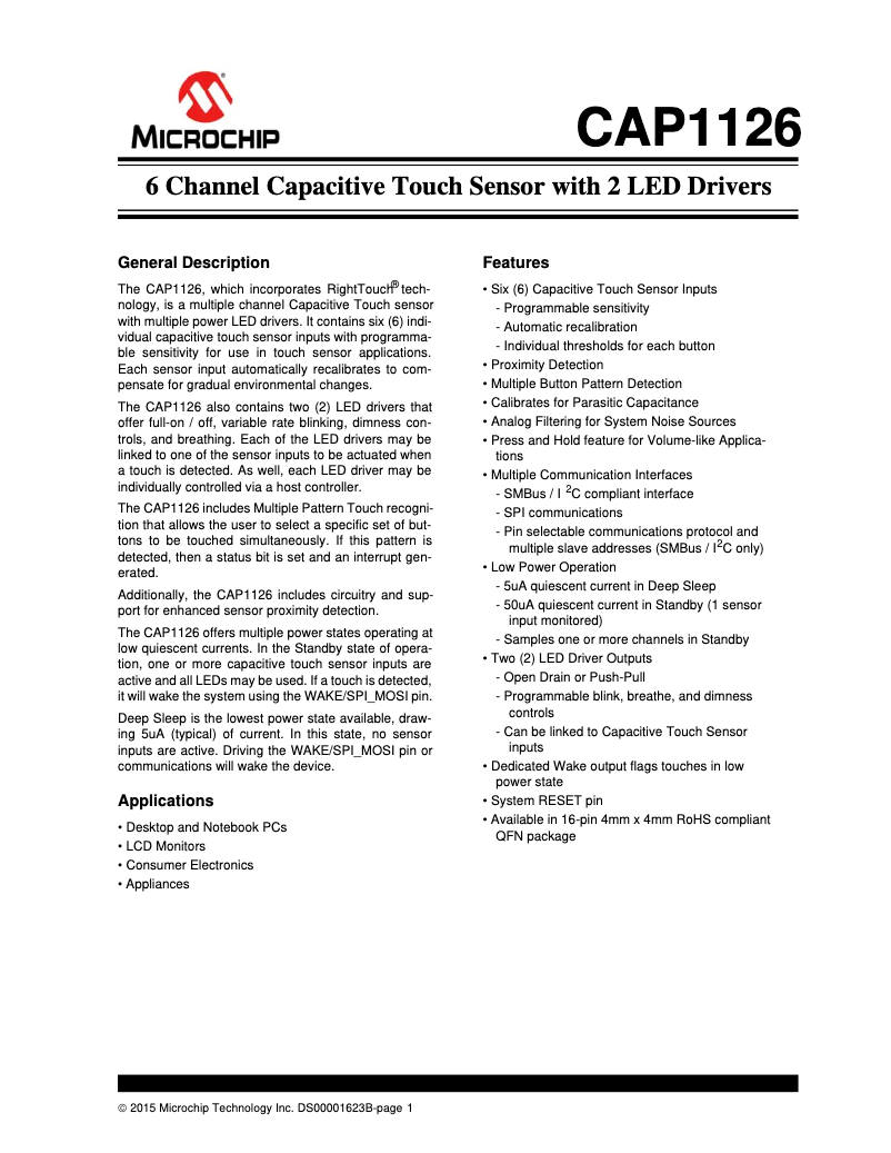 Página 1 del manual Ficha técnica Microchip CAP1126