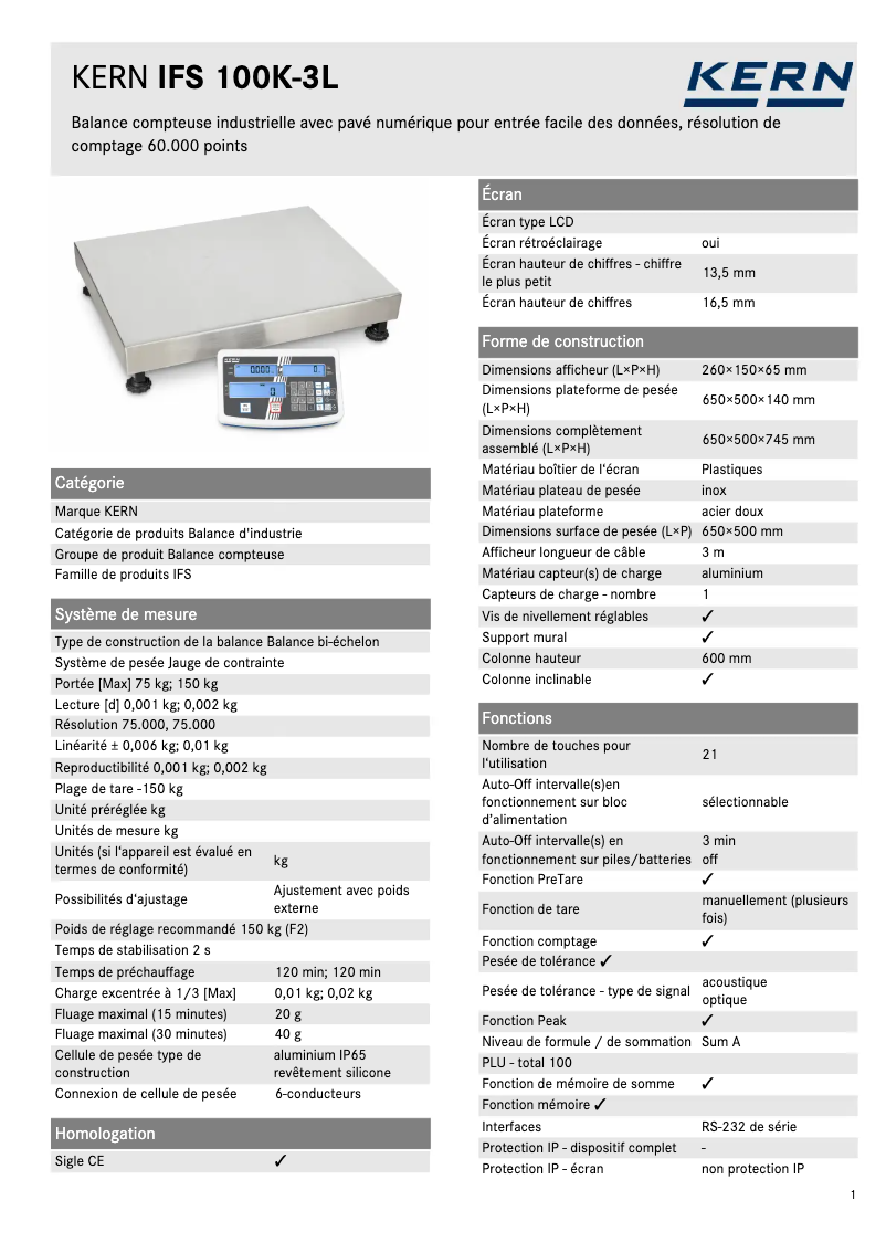 Página 1 del manual Ficha técnica Kern IFS 100K-3L