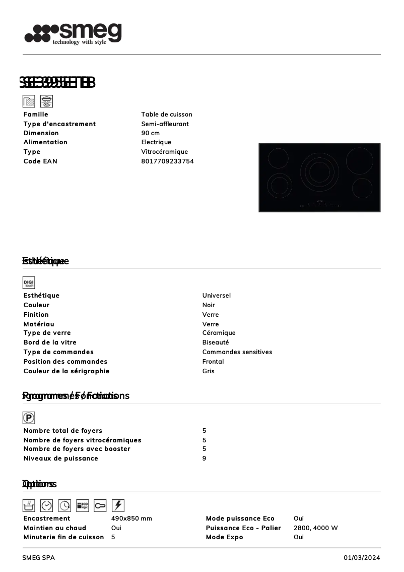 Página 1 del manual Ficha técnica Smeg SE395ETB