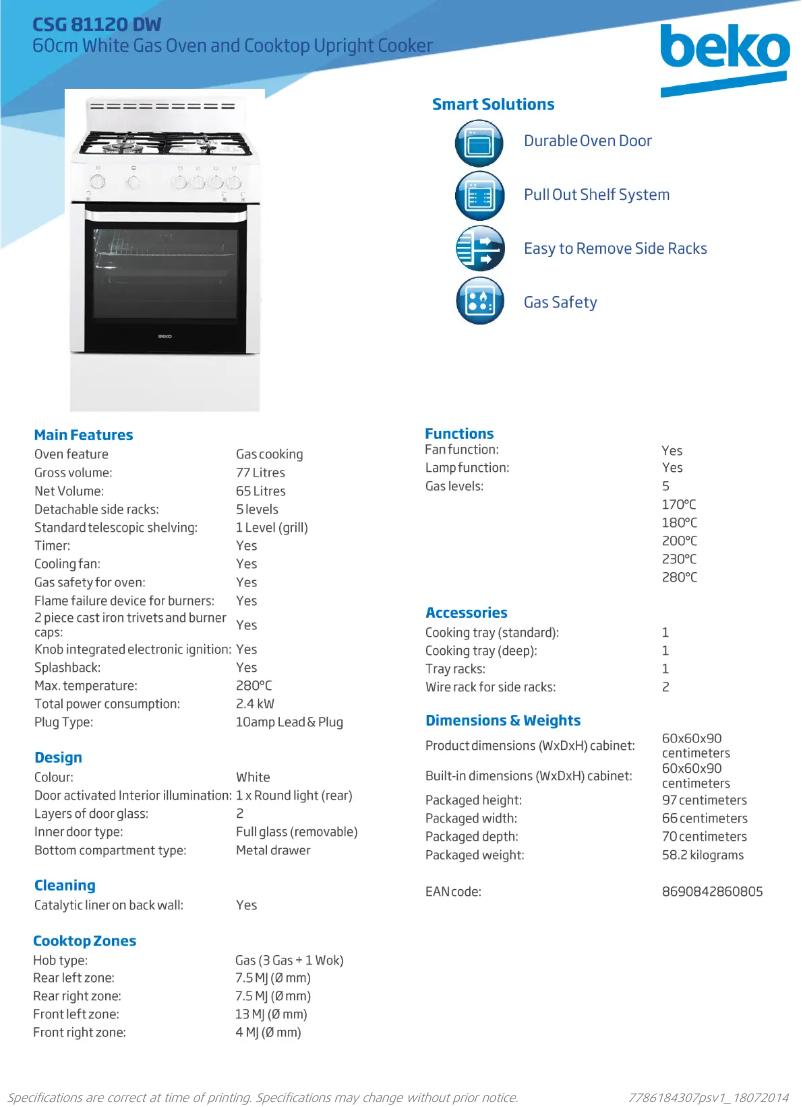 Page 1 de la notice Fiche technique Beko CSG81120DW